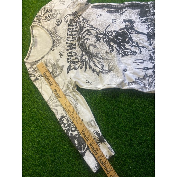 Cactus Bay Women Top Small White Shirt Rhinestones Cowgirl 3/4 Sleeve Scoop Tee - Picture 9 of 11